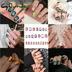 Cyflymder 24PCS Cat Eye Short False Nails Reusable Glitter Fake Nails Full Cover Artficial Nails Stick on Nails DIY Manicure Press on Nail