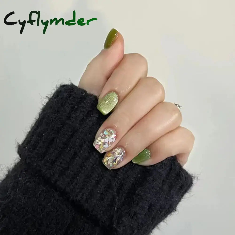 Cyflymder 24PCS Cat Eye Short False Nails Reusable Glitter Fake Nails Full Cover Artficial Nails Stick on Nails DIY Manicure Press on Nail