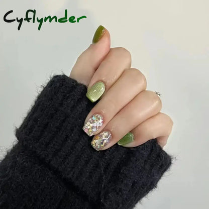 Cyflymder 24PCS Cat Eye Short False Nails Reusable Glitter Fake Nails Full Cover Artficial Nails Stick on Nails DIY Manicure Press on Nail
