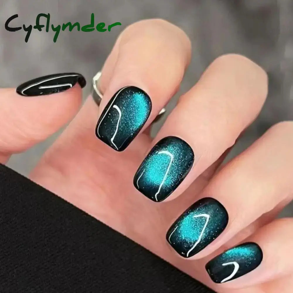 Cyflymder 24PCS Cat Eye Short False Nails Reusable Glitter Fake Nails Full Cover Artficial Nails Stick on Nails DIY Manicure Press on Nail