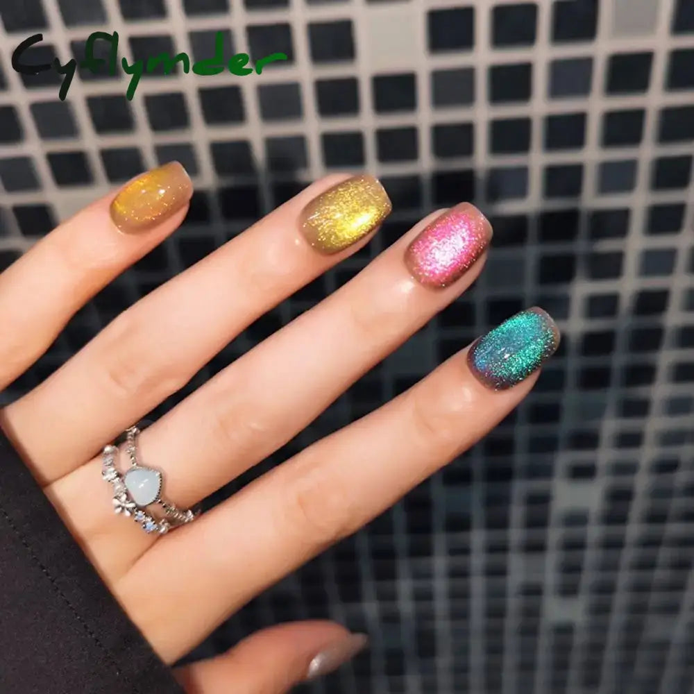 Cyflymder 24PCS Cat Eye Short False Nails Reusable Glitter Fake Nails Full Cover Artficial Nails Stick on Nails DIY Manicure Press on Nail