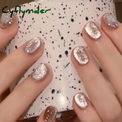 Cyflymder 24PCS Cat Eye Short False Nails Reusable Glitter Fake Nails Full Cover Artficial Nails Stick on Nails DIY Manicure Press on Nail