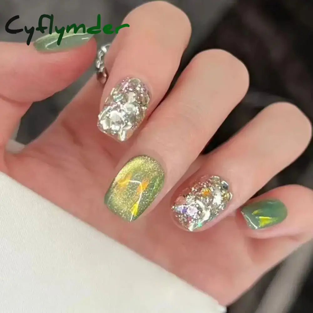 Cyflymder 24PCS Cat Eye Short False Nails Reusable Glitter Fake Nails Full Cover Artficial Nails Stick on Nails DIY Manicure Press on Nail
