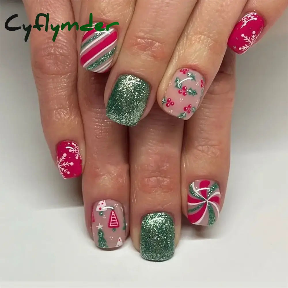Cyflymder 24pcs Christmas Holiday Themed Medium Square Fake Nails Pink Red & Green Glossy Press-On Nails Set Reusable Fake Nails for Women