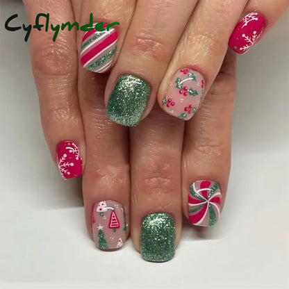 Cyflymder 24pcs Christmas Holiday Themed Medium Square Fake Nails Pink Red & Green Glossy Press-On Nails Set Reusable Fake Nails for Women