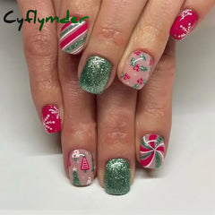 Cyflymder 24pcs Christmas Holiday Themed Medium Square Fake Nails Pink Red & Green Glossy Press-On Nails Set Reusable Fake Nails for Women