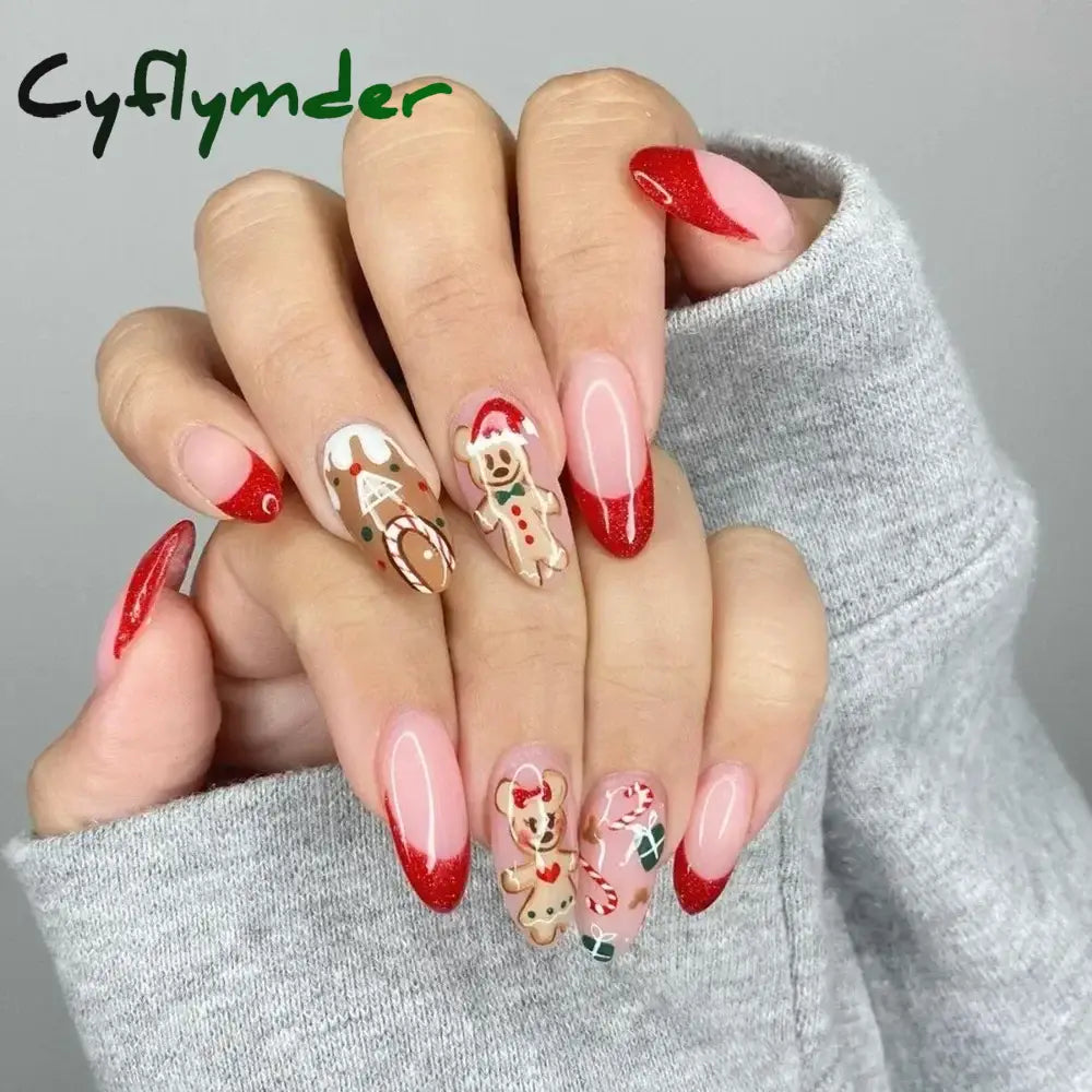 Cyflymder 24pcs Christmas Holiday Themed Medium Square Fake Nails Pink Red & Green Glossy Press-On Nails Set Reusable Fake Nails for Women