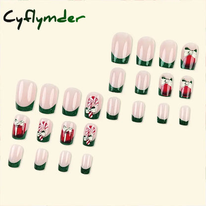Cyflymder 24pcs Christmas Holiday Themed Medium Square Fake Nails Pink Red & Green Glossy Press-On Nails Set Reusable Fake Nails for Women