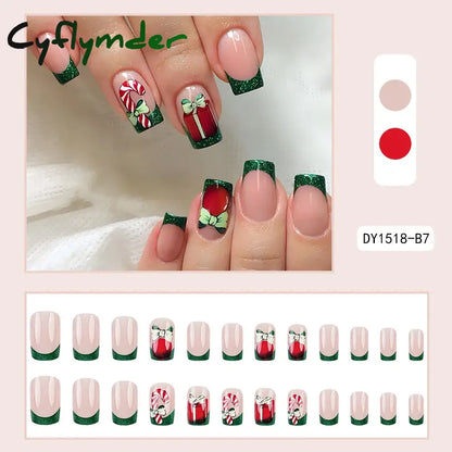 Cyflymder 24pcs Christmas Holiday Themed Medium Square Fake Nails Pink Red & Green Glossy Press-On Nails Set Reusable Fake Nails for Women