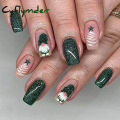 Cyflymder 24pcs Christmas Holiday Themed Medium Square Fake Nails Pink Red & Green Glossy Press-On Nails Set Reusable Fake Nails for Women