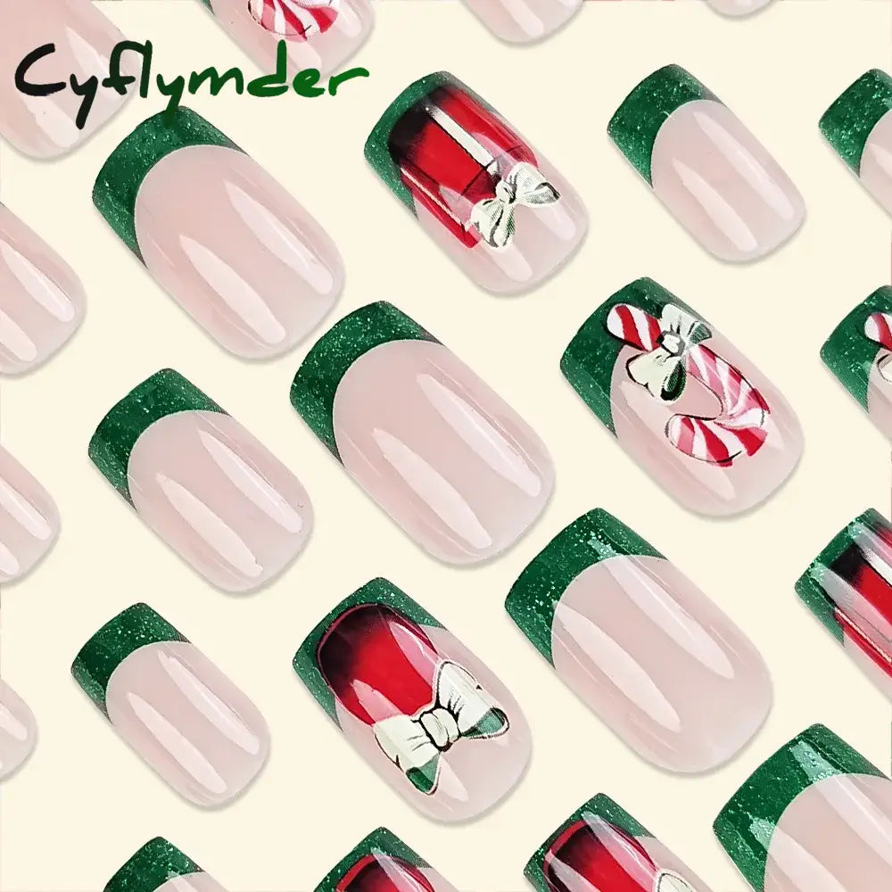 Cyflymder 24pcs Christmas Holiday Themed Medium Square Fake Nails Pink Red & Green Glossy Press-On Nails Set Reusable Fake Nails for Women