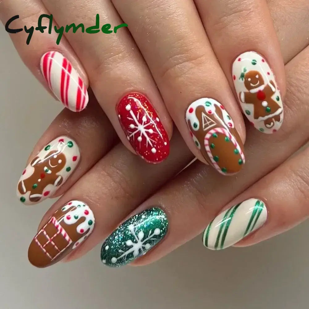 Cyflymder 24pcs Christmas Holiday Themed Medium Square Fake Nails Pink Red & Green Glossy Press-On Nails Set Reusable Fake Nails for Women