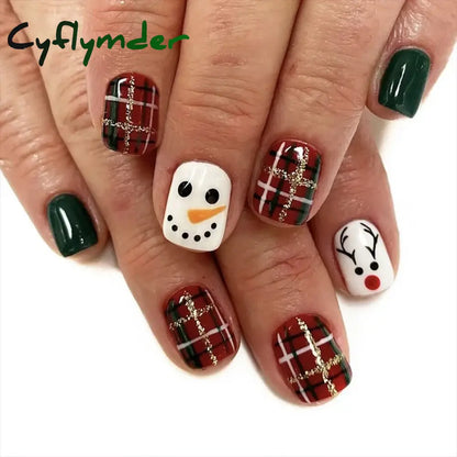 Cyflymder 24pcs Christmas Holiday Themed Medium Square Fake Nails Pink Red & Green Glossy Press-On Nails Set Reusable Fake Nails for Women
