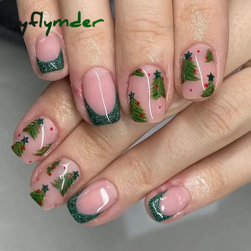 Cyflymder 24pcs Christmas Holiday Themed Medium Square Fake Nails Pink Red & Green Glossy Press-On Nails Set Reusable Fake Nails for Women