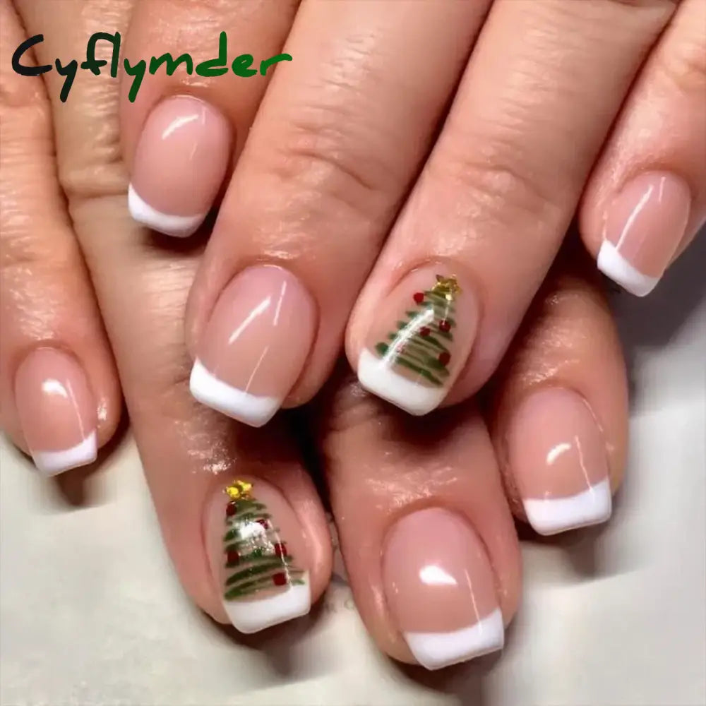 Cyflymder 24pcs Christmas Holiday Themed Medium Square Fake Nails Pink Red & Green Glossy Press-On Nails Set Reusable Fake Nails for Women