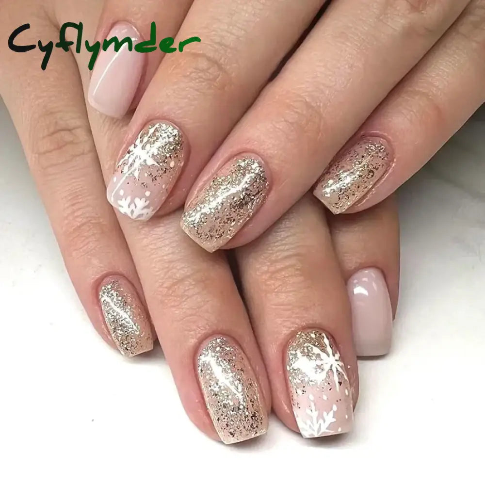 Cyflymder 24pcs Christmas Holiday Themed Medium Square Fake Nails Pink Red & Green Glossy Press-On Nails Set Reusable Fake Nails for Women