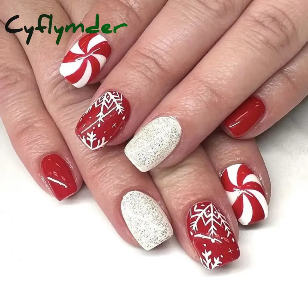 Cyflymder 24pcs Christmas Holiday Themed Medium Square Fake Nails Pink Red & Green Glossy Press-On Nails Set Reusable Fake Nails for Women