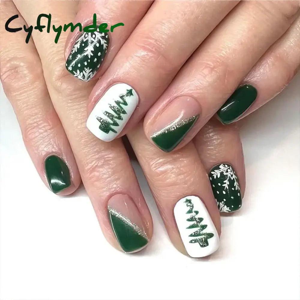 Cyflymder 24pcs Christmas Holiday Themed Medium Square Fake Nails Pink Red & Green Glossy Press-On Nails Set Reusable Fake Nails for Women