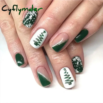 Cyflymder 24pcs Christmas Holiday Themed Medium Square Fake Nails Pink Red & Green Glossy Press-On Nails Set Reusable Fake Nails for Women
