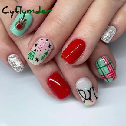 Cyflymder 24pcs Christmas Holiday Themed Medium Square Fake Nails Pink Red & Green Glossy Press-On Nails Set Reusable Fake Nails for Women