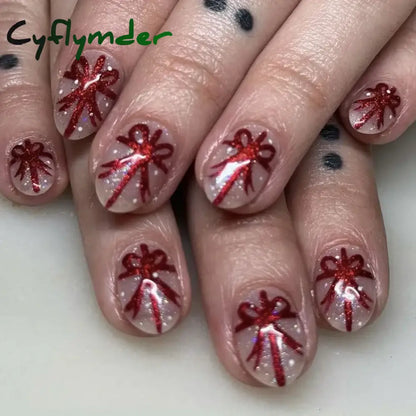 Cyflymder 24pcs Christmas Holiday Themed Medium Square Fake Nails Pink Red & Green Glossy Press-On Nails Set Reusable Fake Nails for Women
