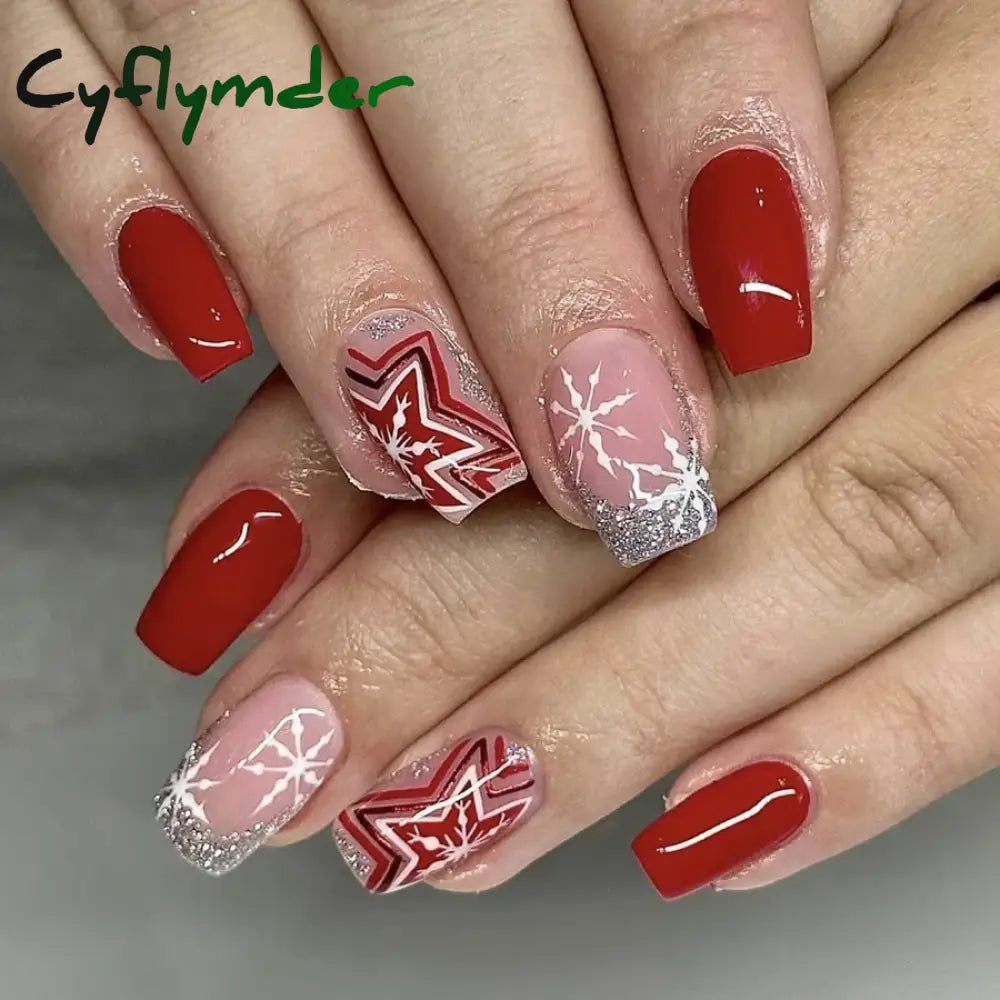 Cyflymder 24pcs Christmas Holiday Themed Medium Square Fake Nails Pink Red & Green Glossy Press-On Nails Set Reusable Fake Nails for Women