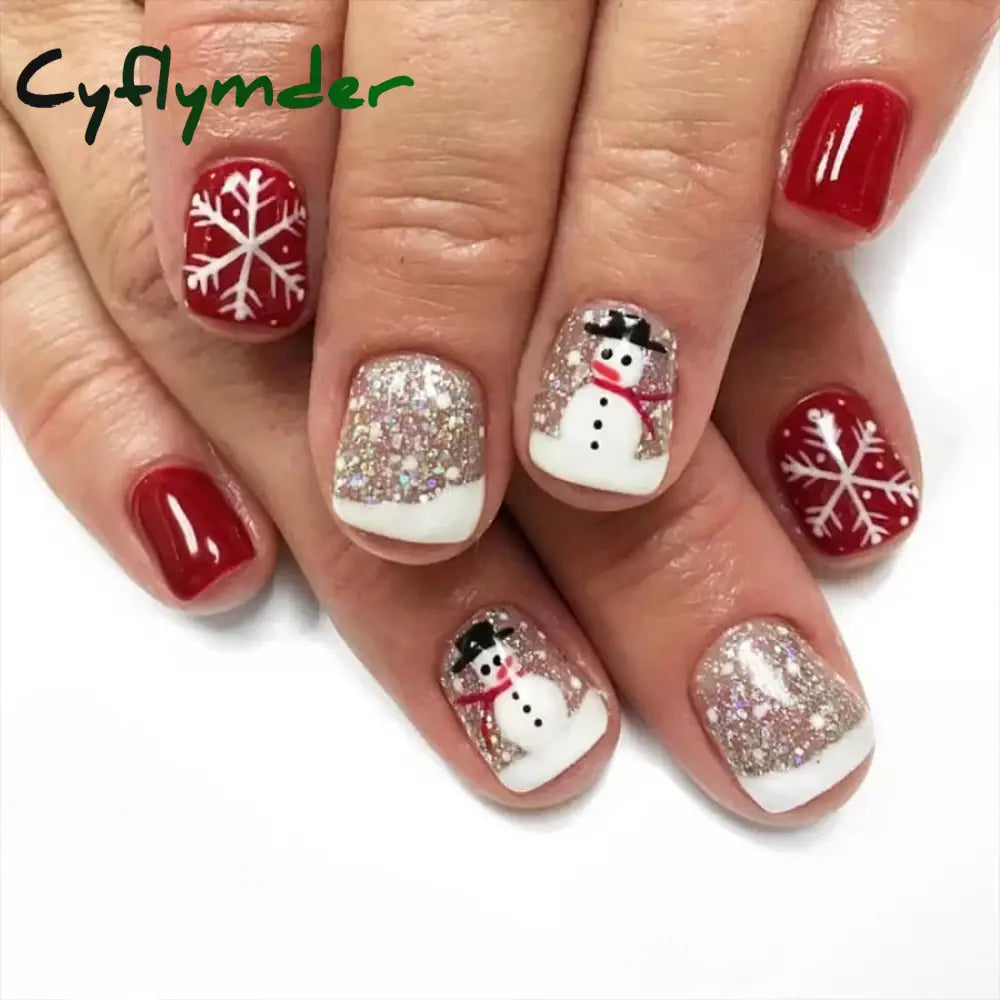 Cyflymder 24pcs Christmas Holiday Themed Medium Square Fake Nails Pink Red & Green Glossy Press-On Nails Set Reusable Fake Nails for Women