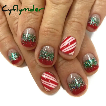 Cyflymder 24pcs Christmas Holiday Themed Medium Square Fake Nails Pink Red & Green Glossy Press-On Nails Set Reusable Fake Nails for Women