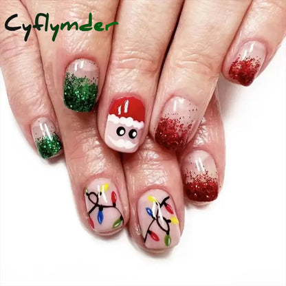Cyflymder 24pcs Christmas Holiday Themed Medium Square Fake Nails Pink Red & Green Glossy Press-On Nails Set Reusable Fake Nails for Women