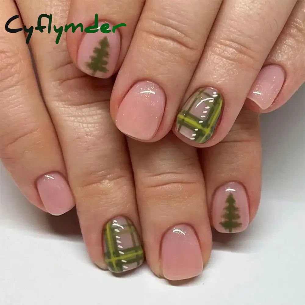 Cyflymder 24pcs Christmas Holiday Themed Medium Square Fake Nails Pink Red & Green Glossy Press-On Nails Set Reusable Fake Nails for Women