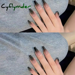 Cyflymder 24pcs Cool Girl False Nails Press On Long Coffin Square Ballet Nail Tips Full Cover Acrylic Fake Nail With Black Gradient Design