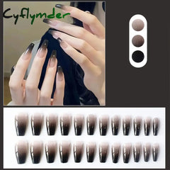 Cyflymder 24pcs Cool Girl False Nails Press On Long Coffin Square Ballet Nail Tips Full Cover Acrylic Fake Nail With Black Gradient Design