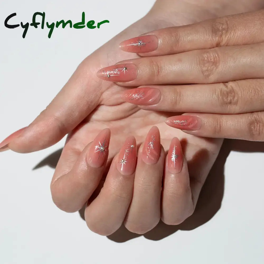 Cyflymder 24Pcs Detachable Magic Mirror Purple Fake Nails Almond Head Butterfly Pattern Press on False Nails Cat Eye Design Manicure Tip