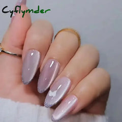 Cyflymder 24Pcs Detachable Magic Mirror Purple Fake Nails Almond Head Butterfly Pattern Press on False Nails Cat Eye Design Manicure Tip