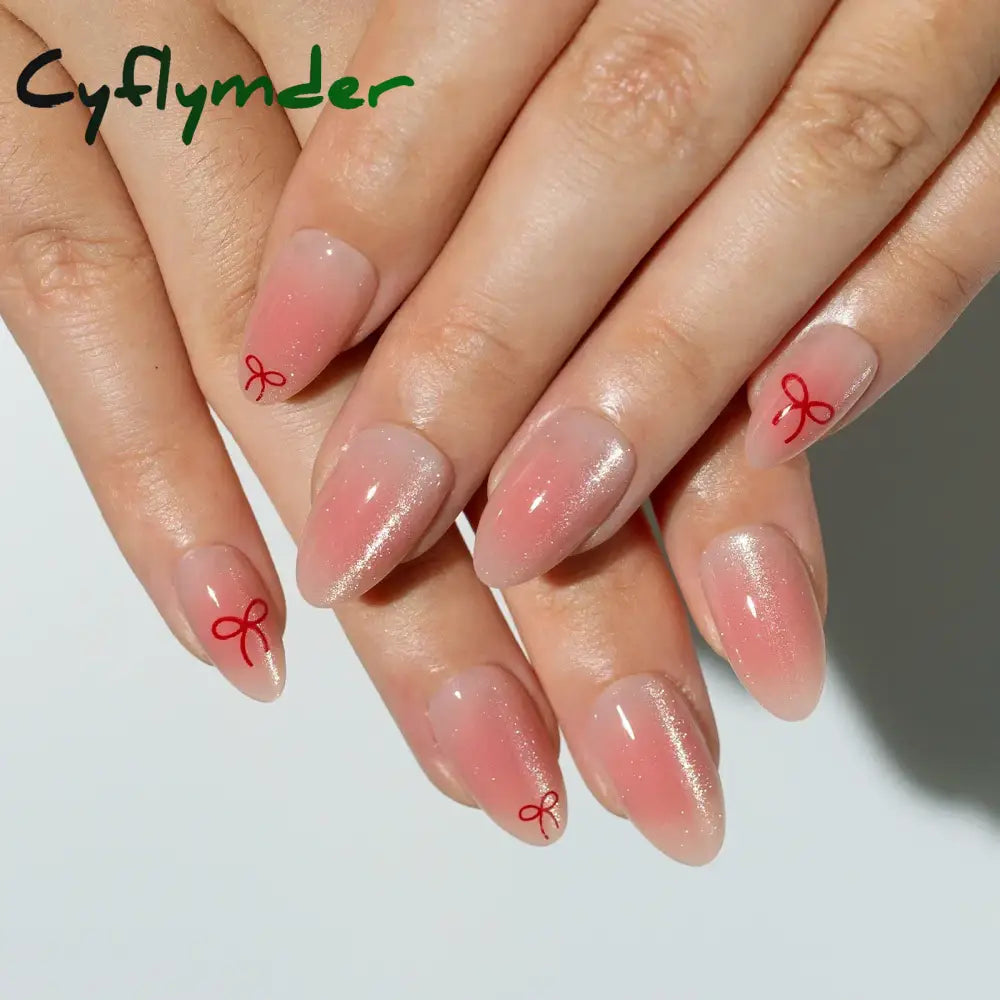 Cyflymder 24Pcs Detachable Magic Mirror Purple Fake Nails Almond Head Butterfly Pattern Press on False Nails Cat Eye Design Manicure Tip