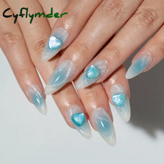 Cyflymder 24Pcs Detachable Magic Mirror Purple Fake Nails Almond Head Butterfly Pattern Press on False Nails Cat Eye Design Manicure Tip