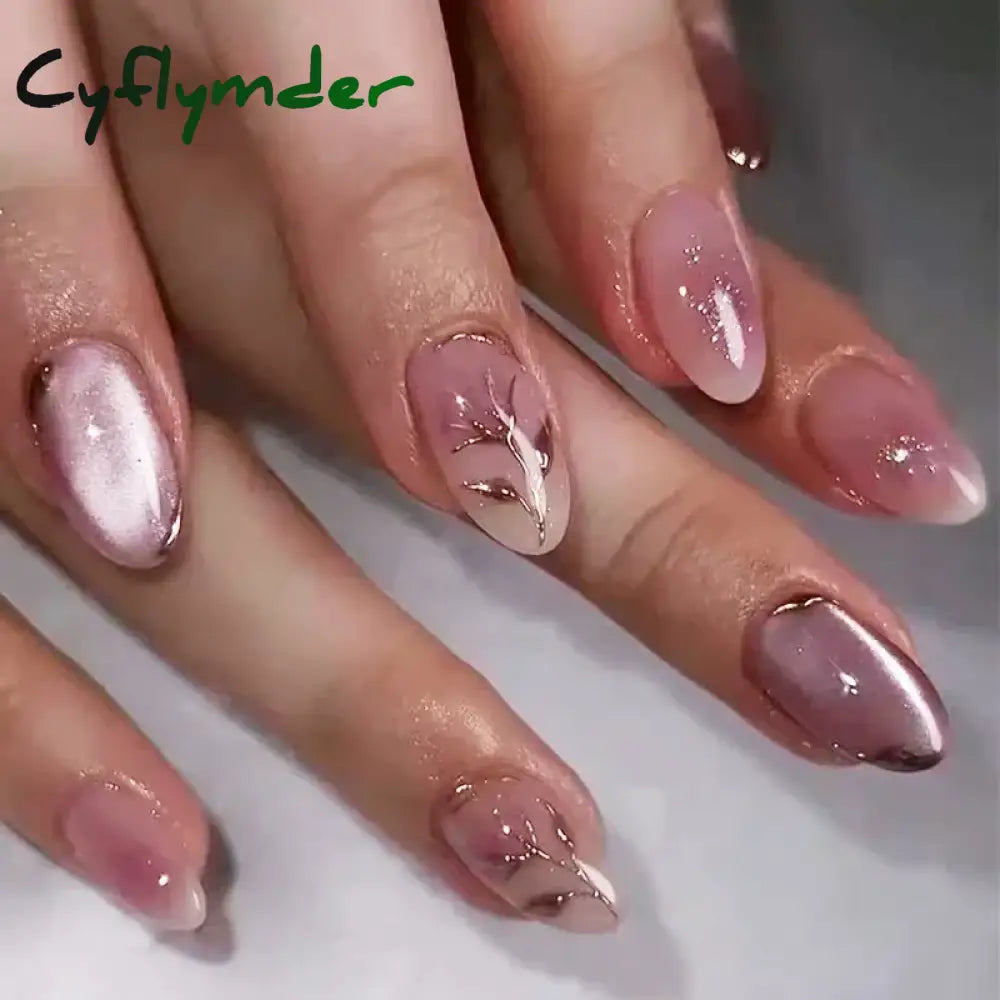Cyflymder 24Pcs Detachable Magic Mirror Purple Fake Nails Almond Head Butterfly Pattern Press on False Nails Cat Eye Design Manicure Tip