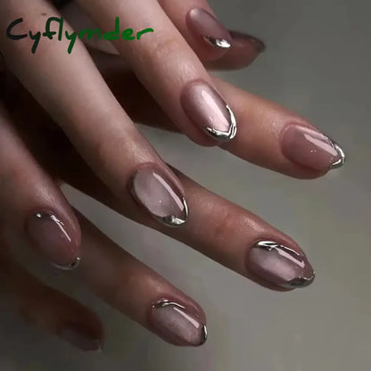 Cyflymder 24Pcs Detachable Magic Mirror Purple Fake Nails Almond Head Butterfly Pattern Press on False Nails Cat Eye Design Manicure Tip