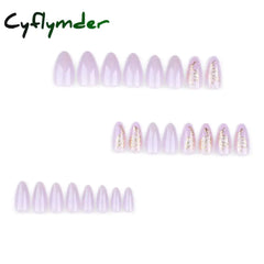 Cyflymder 24Pcs Detachable Magic Mirror Purple Fake Nails Almond Head Butterfly Pattern Press on False Nails Cat Eye Design Manicure Tip