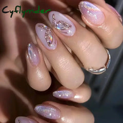 Cyflymder 24Pcs Detachable Magic Mirror Purple Fake Nails Almond Head Butterfly Pattern Press on False Nails Cat Eye Design Manicure Tip