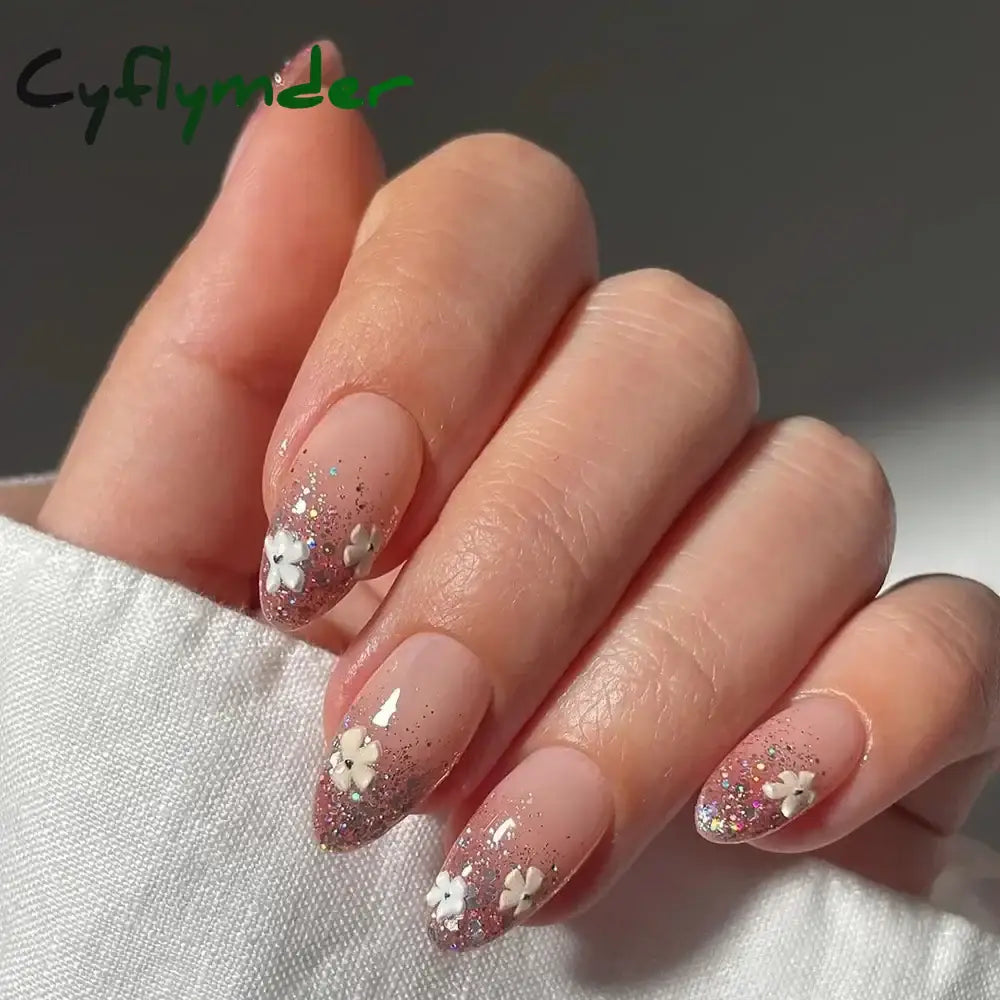 Cyflymder 24Pcs Detachable Magic Mirror Purple Fake Nails Almond Head Butterfly Pattern Press on False Nails Cat Eye Design Manicure Tip