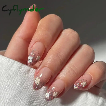 Cyflymder 24Pcs Detachable Magic Mirror Purple Fake Nails Almond Head Butterfly Pattern Press on False Nails Cat Eye Design Manicure Tip