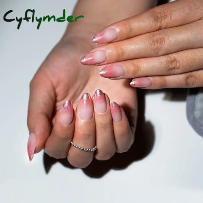 Cyflymder 24Pcs Detachable Magic Mirror Purple Fake Nails Almond Head Butterfly Pattern Press on False Nails Cat Eye Design Manicure Tip