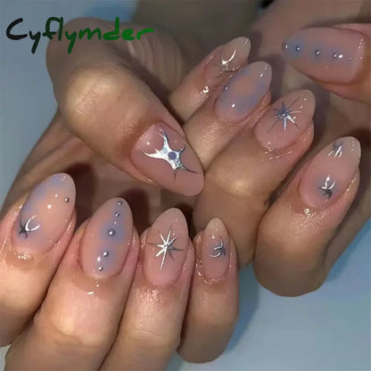 Cyflymder 24Pcs Detachable Magic Mirror Purple Fake Nails Almond Head Butterfly Pattern Press on False Nails Cat Eye Design Manicure Tip