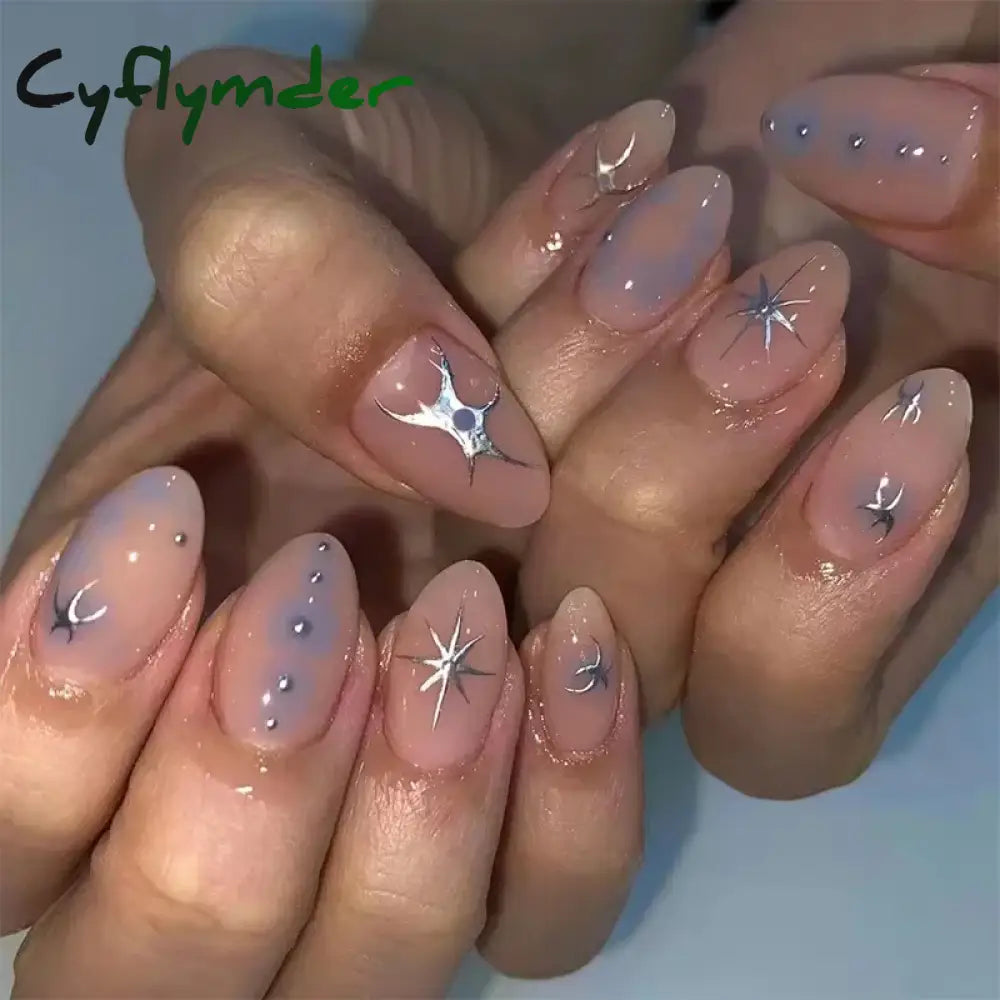 Cyflymder 24Pcs Detachable Magic Mirror Purple Fake Nails Almond Head Butterfly Pattern Press on False Nails Cat Eye Design Manicure Tip