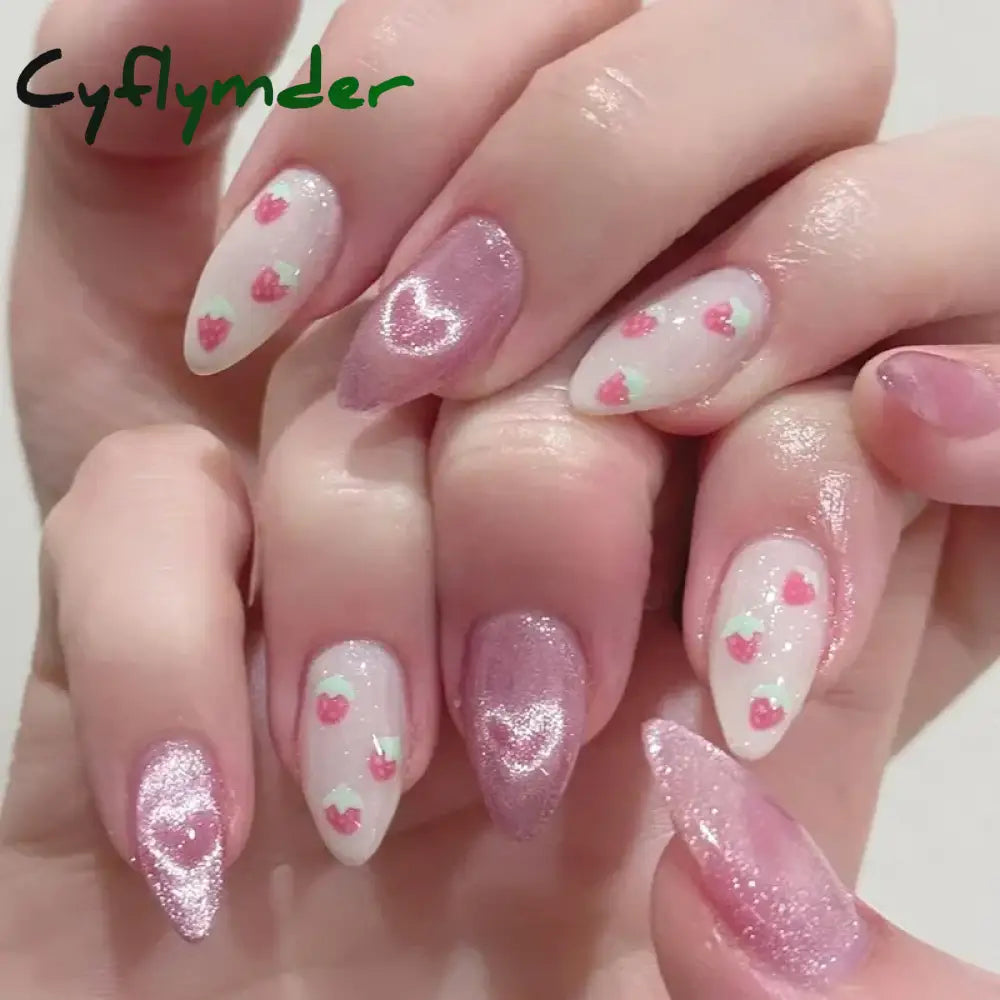 Cyflymder 24Pcs Detachable Magic Mirror Purple Fake Nails Almond Head Butterfly Pattern Press on False Nails Cat Eye Design Manicure Tip