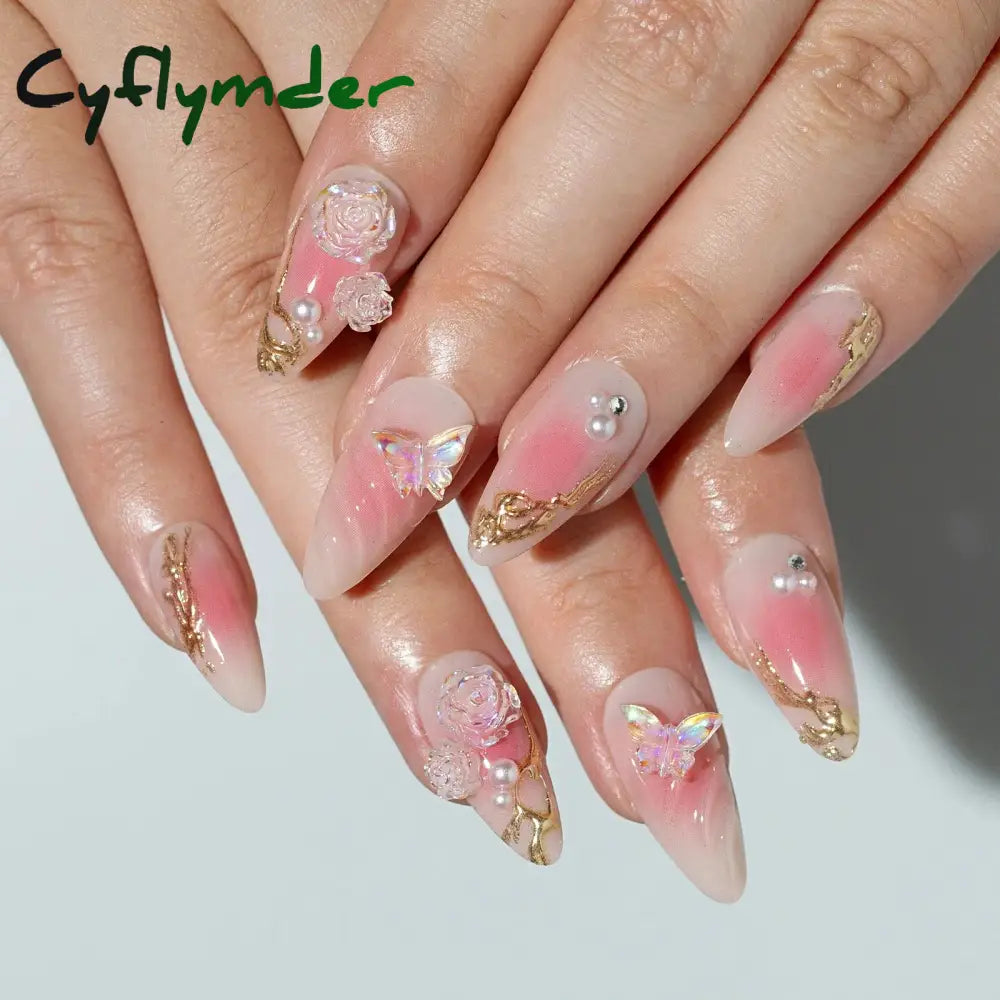 Cyflymder 24Pcs Detachable Magic Mirror Purple Fake Nails Almond Head Butterfly Pattern Press on False Nails Cat Eye Design Manicure Tip