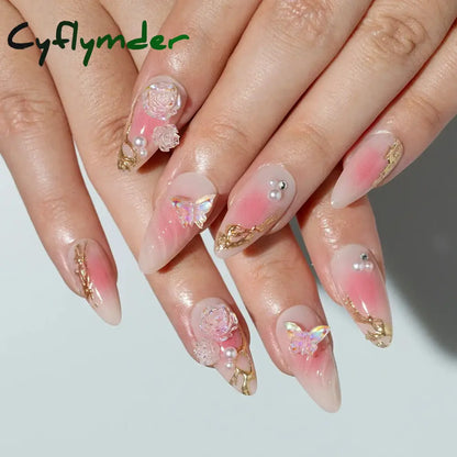 Cyflymder 24Pcs Detachable Magic Mirror Purple Fake Nails Almond Head Butterfly Pattern Press on False Nails Cat Eye Design Manicure Tip