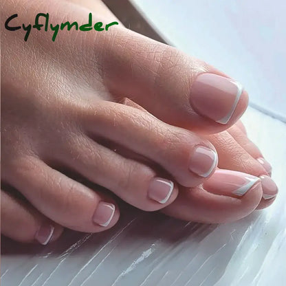 Cyflymder 24pcs French Fake Toenails Pink Gradient Full Cover Short Square Toe Nails Foot Nails Tips for Women Girls