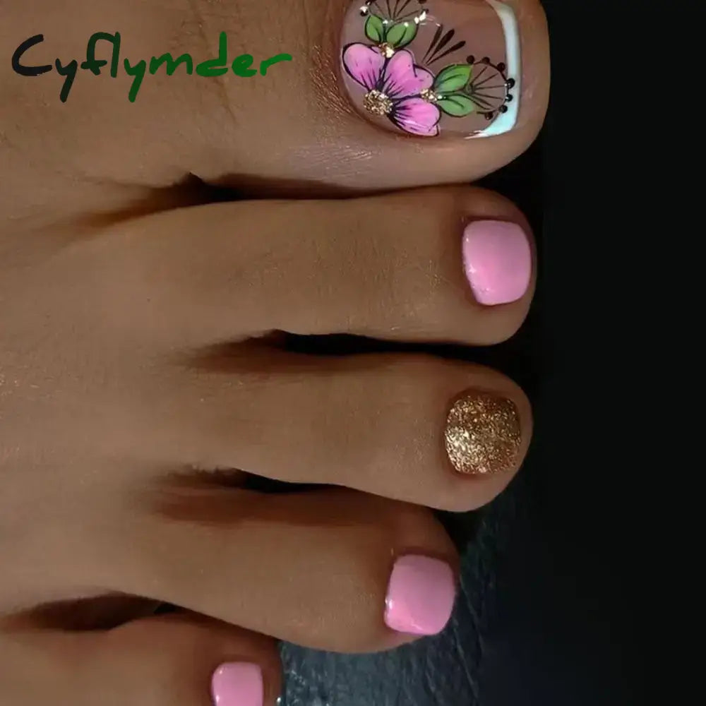 Cyflymder 24pcs French Fake Toenails Pink Gradient Full Cover Short Square Toe Nails Foot Nails Tips for Women Girls
